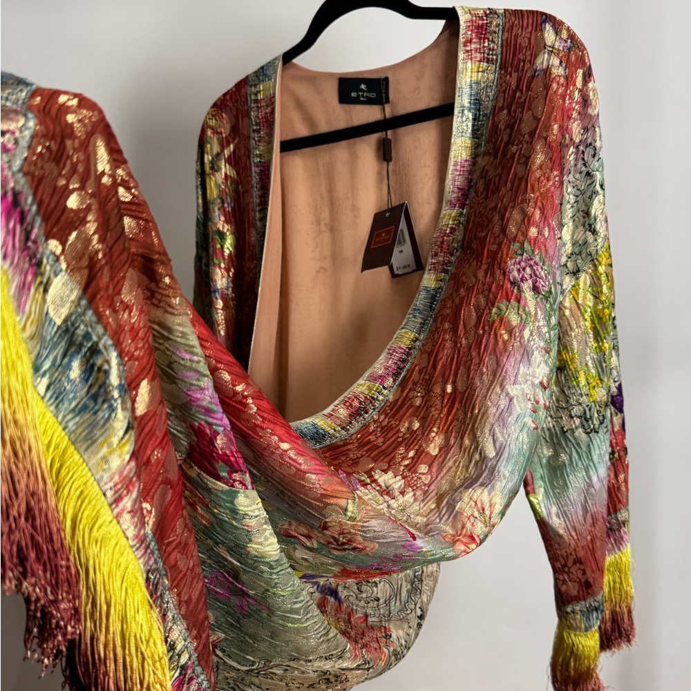 ETRO Floral Pattern Fringe Detailed Draped Cape